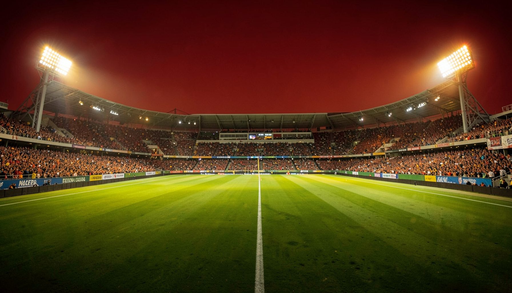 Cricket stadium under bright floodlights with a packed crowd, deep green field and warm amber glow, energetic atmosphere