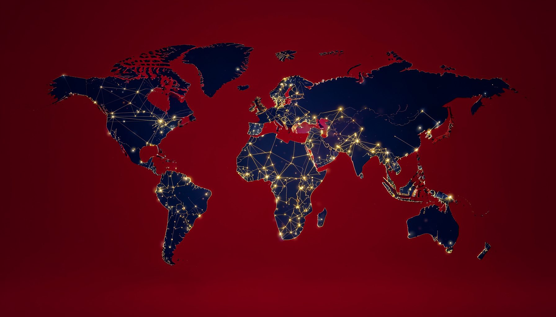 Abstract world map with glowing nodes representing global sports rankings, dark blue and gold tones