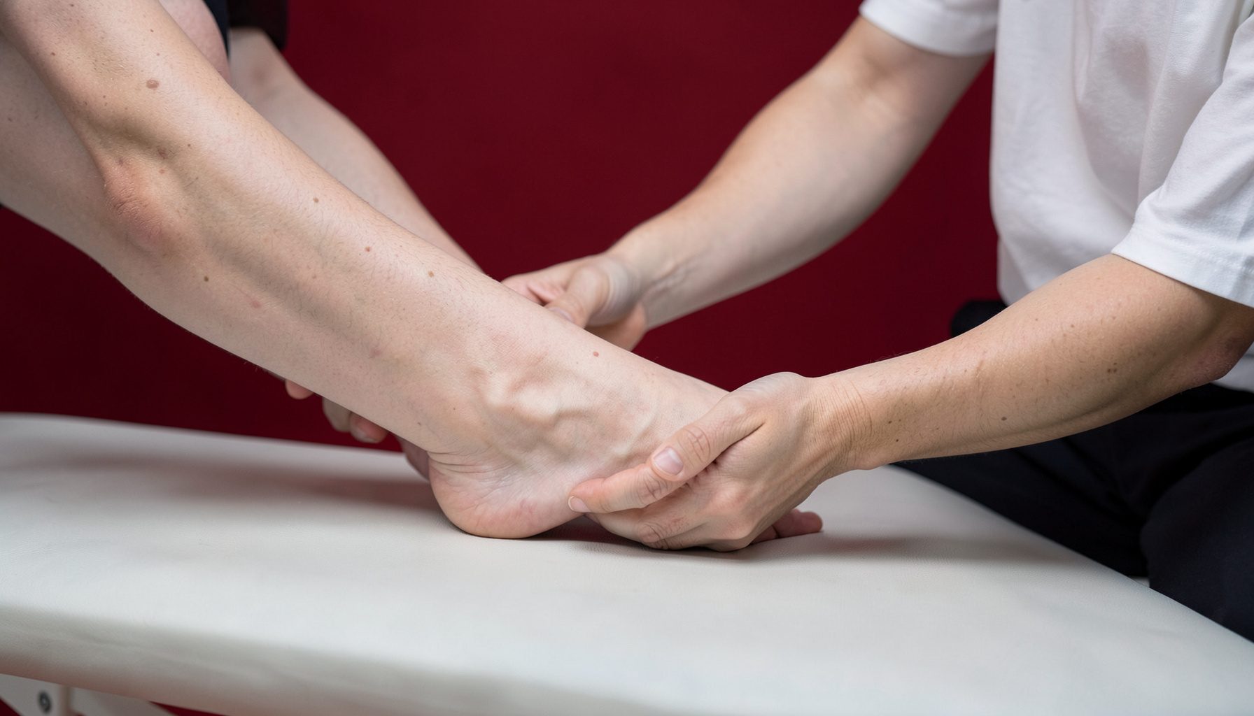 A physical therapist's hands gently assessing a patient's ankle on a treatment table, clean clinical setting with soft neutral tones