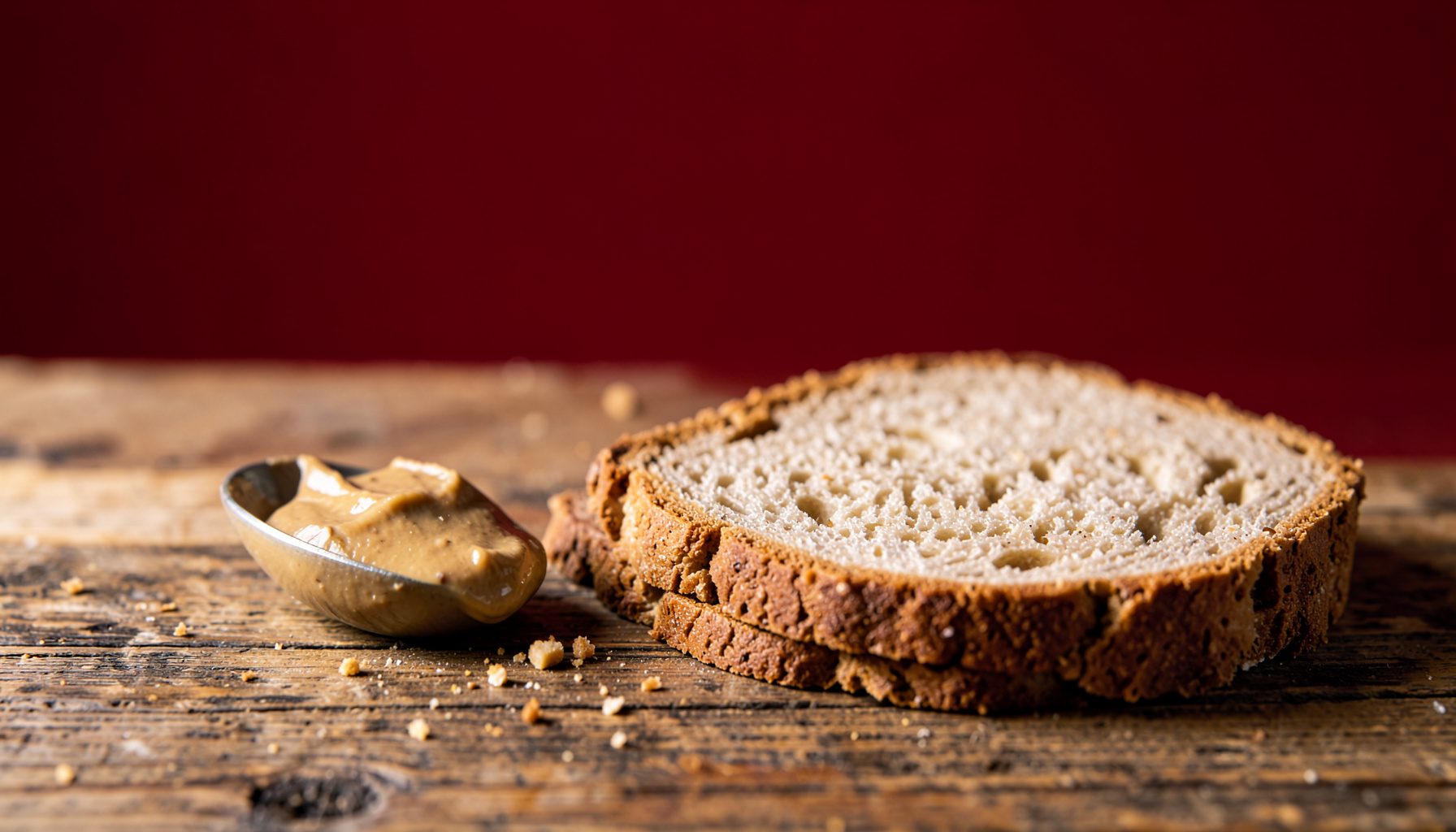 A spoonful of peanut butter beside a slice of whole-grain toast on a rustic wooden surface, warm morning light, wholesome food mood